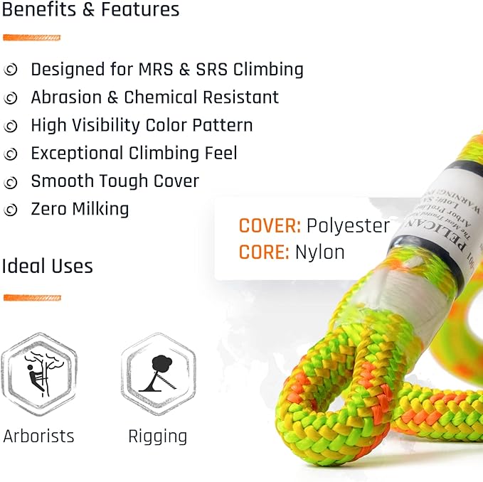 Pelican Rope Arborist Rope 11.8mm x 200Ft, USA Made High-Strength 24-Strands Static Climbing Rope - 5,400 lb Strength for Tree Climbing, Pulling, Outdoors & Swing - Yellow, Tight Spliced Eye