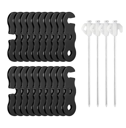 Kingshion 20 PCS Aluminum Alloy Guy Line Cord Adjusters and 4 PCS Tent Stakes, Rope Tensioner, Tent Rope Tensioners, Paracord Tensioner for Camping Hiking Backpacking Outdoor Activity, Black