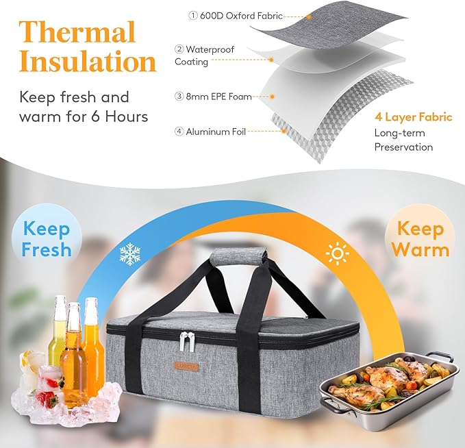 Insulated Casserole Carrier for Hot or Cold Food, Lasagna Lugger Tote for Potluck Parties/Picnic/Cookouts, Fits 9"x13" Baking Dish, Grey