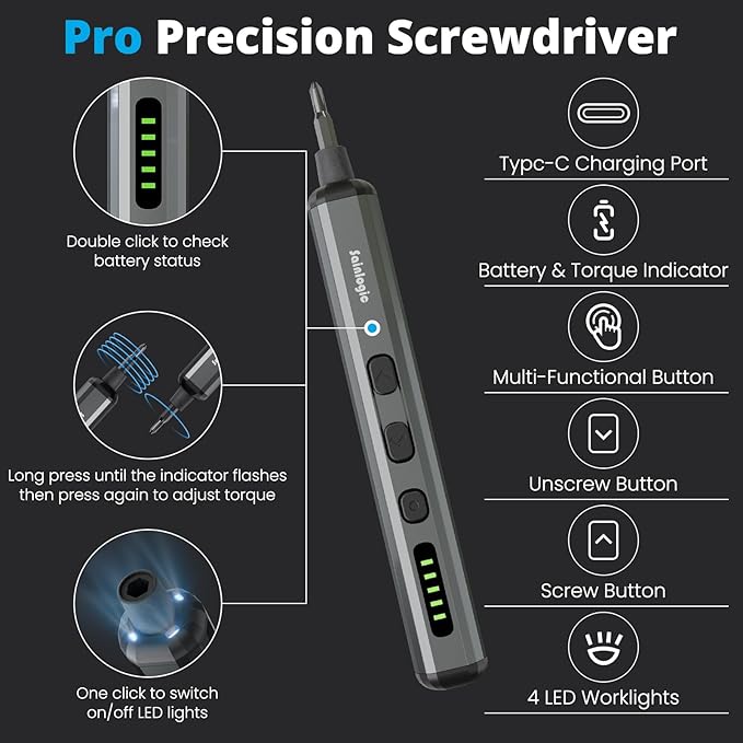 Sainlogic Electric Screwdriver, 68 in 1 Screwdriver Set, 3.7V Mini Electric screwdriver cordless 350mAh, 5 Torque Settings, 4 LED Lights, Electric Small Screwdriver Set for Phone Camera Watch