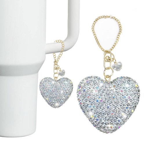 Etyishe Compatible with Cup Accessories,Silver Glitter Heart Charm for Cup with Handle,Bling Cute Keychain for Water Bottles 40&30 Oz Tumbler for Girls Women (Silver)