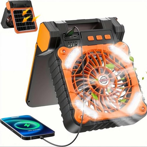 YUEMIDAMY Solar Powered Fan for Camping ，Camping Fan with Light - 10400mAh Rechargeable Battery Fan Ventilator for Tents Home & Outdoor Activities