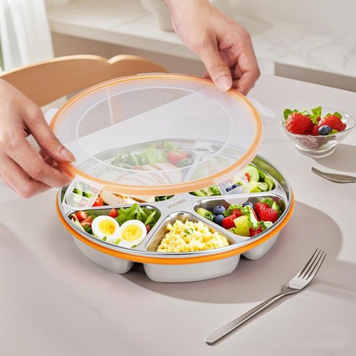 OUTFANDIA Stainless Steel Portion Control Plate with Lids, Divided Plates for Adults, 10.6in Deep Divided Lunch Boxes with Secure Locking Plastic Lids, Reusable Camping Serving Dinner Plates