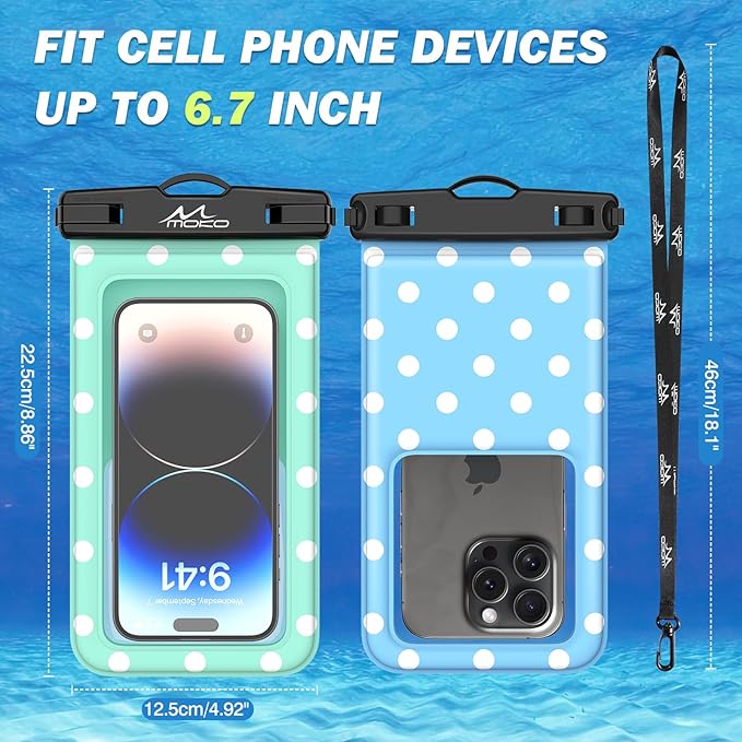MoKo Large Waterproof Phone Pouch - 2 Pack Floating Water Protector Case Dry Bag with Detachable Lanyard, Compatible for iPhone 15 14 13 Pro Max, Galaxy S23 S22 Ultra, MintGreen+SkyBlue