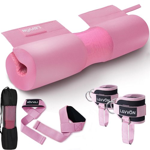 Barbell Squat Pad Set Nylon Padding AntiSlip- Thick Foam Barbell Pad for Squats Cushion,Lunges&Bar Padding for Hip Thrusts -Standard Weight Bar Pad -With Wrist Straps Weightlifting (Ankle-Pink)