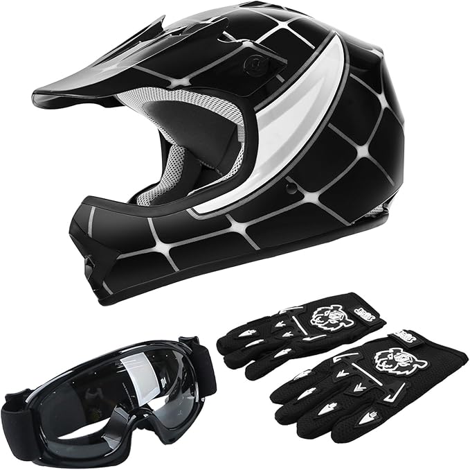 TCT-MOTORPARTS DOT Youth Kids Motocross ATV Helmets Offroad Street Dirt Bike Go-Kart BMX MX Full Face Helmet Black Spider Medium Size