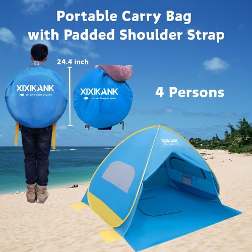 XIXIKANK 2 Second Easy Setup Pop Up Beach Tent for 4 Person,UPF 50+ UV Protection Beach Shade, Wind Resistant Sun Protection Sun Shelter,Portable Lightweight Tent for Beach Cabana with Handy Carry Bag
