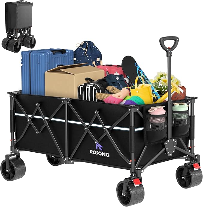 Large Beach Collapsible Wagon Cart with Wheels - Foldable Wagons 260L Heavy Duty 500lbs, Wagon with Big Wheels for Sand Folding Utility Wagons Carts for Sports Shopping Camping