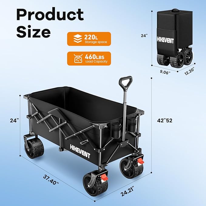 38" L Collapsible Wagon Cart Foldable, 460LB Weight Capacity 220L Heavy Duty Folding Beach Wagons with Big All-Terrain Wheels, Utility Carts for Groceries, Shopping, Camping, Sports