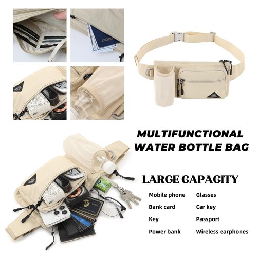 OCE GEAR Waist Pack with Water Bottle Holder for Men Women Waist Bag Running Waist Pack Waterproof for Outdoor Travel Cycling Climbing Walking Fit All Phones (Bottle Not Included) (Beige)