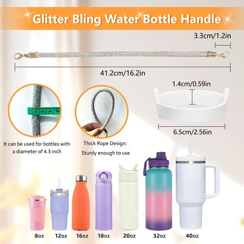 Glitter Handle for Stanley Cup Accessories - Diamond Stanley Tumbler Carrier with Strap Bling Water Bottle Handle Strap(White)