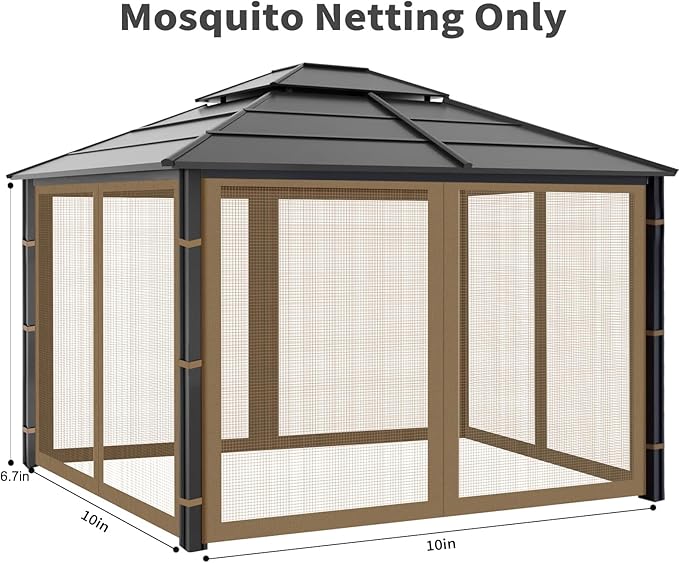 Gazebo Replacement Mosquito Netting Outdoor Universal Gazebo Canopy 4-Panels Screen Sidewalls with Zipper for Patio Garden (Brown, 10x10)