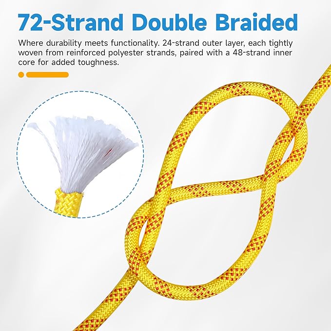 Rigging Rope 1/2 in x 150 Ft Double Braided Polyester Rope Polyester Braided Arborist 48 Strands for Various Outdoor Applications Construction Climbing Swing Sailing (Yellow, 1/2X150FT)