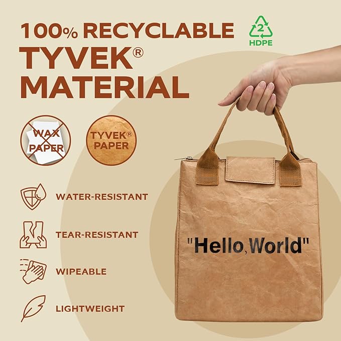 VonNova Insulated Lunch Box for Women, 7L Capacity, Leakproof Lunch Tote Bag, Durable Lunchbox made from Tyvek Material, Adult Cooler Bag for Work, Picnic, Travel and more (Hello World)