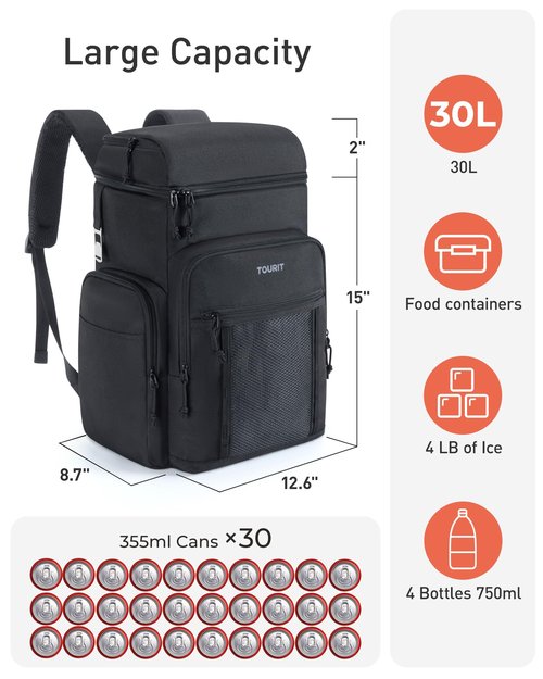 TOURIT Waterproof Cooler Backpack: 30 Cans Insulated Leakproof Portable Cooler Bag Beach Travel Camping Picnic Hiking Black