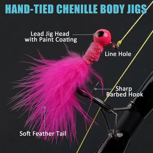Crappie Jigs Marabou Feather Hair Jigs Bass Fishing Lure Jig Heads Hook for Crappie Trout Walleye Panfish 1/8oz 1/16oz 1/32oz