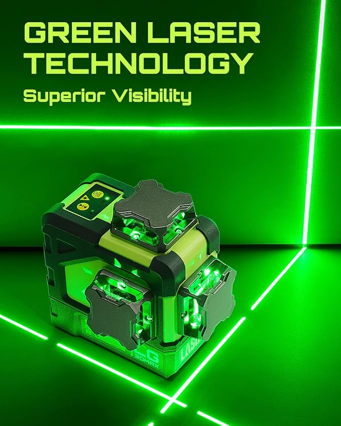 LG-3DMAX 3x360° Green Laser Level, 3D Self-Leveling Cross Line Laser with 2 Rechargeable Lithium Batteries, Fine-Tuning Bracket Adapter, Green Laser Enhancement Glasses, and Hard Carrying Case