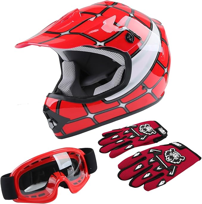 TCT-MOTORPARTS DOT Youth Kids Motorcycle Four Wheeler Riding Racing Helmets Motocross ATV Helmets Offroad Street Dirt Bike Go-Kart BMX MX Full Face Helmet Red Spider Samll Size