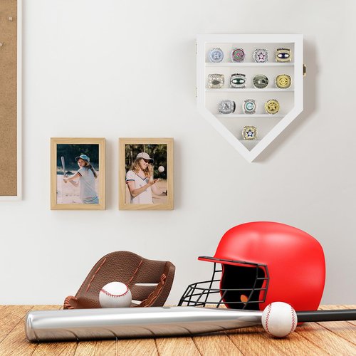 TJ.MOREE Championship Ring Display Case, 12 Ring Posts Baseball Ring Display Case, Wall Mount Wooden Glass Shadow Box with Locks to Show Sport, Class, Fraternity, and Award Rings - White