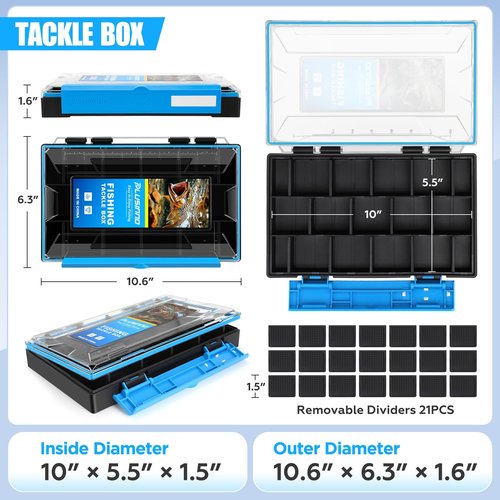 PLUSINNO Waterproof Fishing Organizer with Removable Dividers, 1/2 Packs Fishing Box Tray Lure and Terminal Tackle Storage