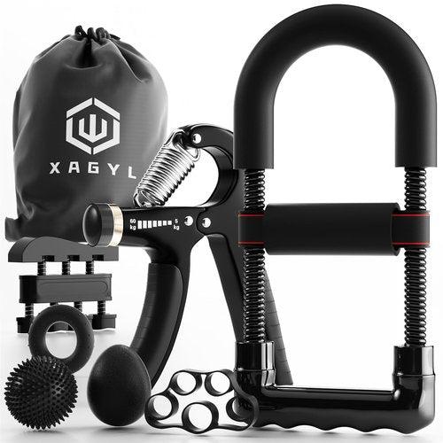 Hand Grip Strengthener Kit with Wrist Strengthener - Ultimate Hand Exerciser Set for Forearm Workout, Adjustable Grip Strength Trainer, Stress Relief Ball, Exercise Ring, Training and Recovery (BLACK)