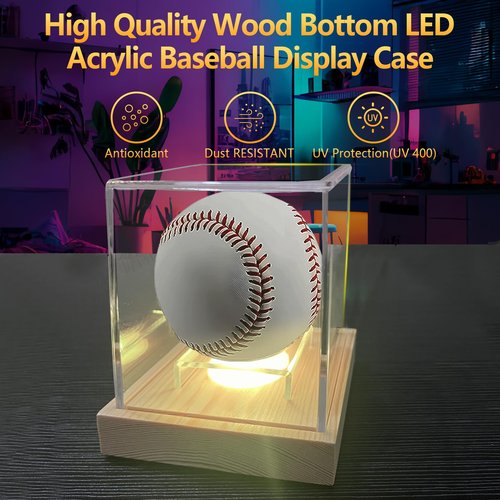 Baseball Display Case with Led Light, Light up Clear Baseball Holder with Wooden Base, Acrylic Baseball Case Display for Balls, Memorabilia Signed Baseball Display Box, Pine Wood (Line Switch)