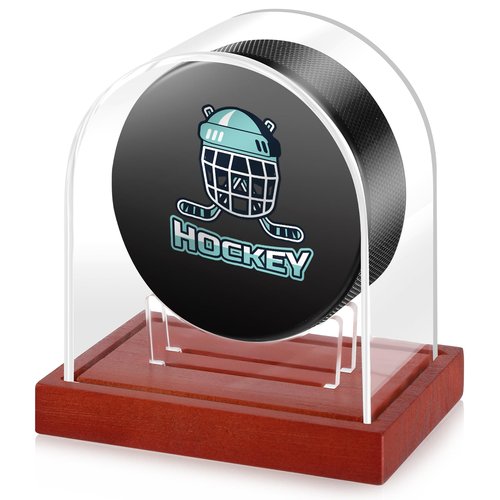 Wonderjune Clear Hockey Puck Display Case Acrylic Hockey Puck Holder with Wood Base Hockey Puck Display Stand for Autographed Collectibles Souvenir