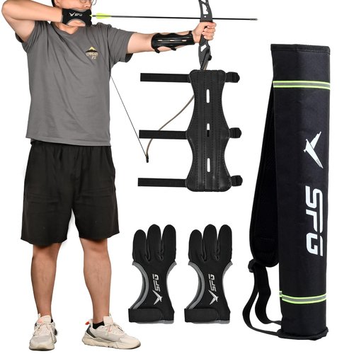 FENJANER Archery Finger Tab Gloves Arm Guard Adjustable Strap Wrist Guard Arrow Bag Hip Arrow Quiver for Hunting Target Accessories (1 X Arm Guard and 1 X Arrow Quiver and 2 X Archery Gloves)