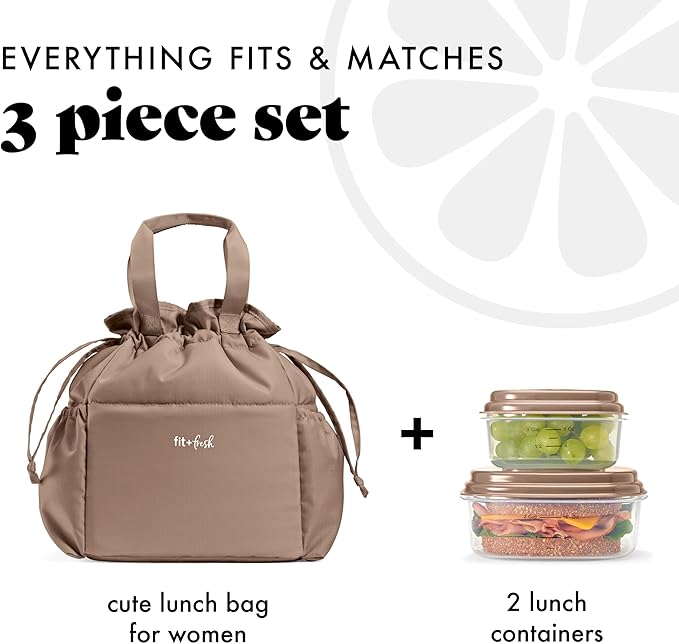 Fit & Fresh Lunch Bag For Women, Insulated Womens Lunch Bag For Work, Stain-Resistant Large Lunch Box For Women With Containers, Cinch Closure Cromwell Bag, Taupe
