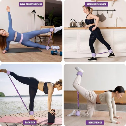 Leather Weight Lifting Belt（purple-m）+Ankle Resistance Bands with Cuffs（purple-10-30 lbs）