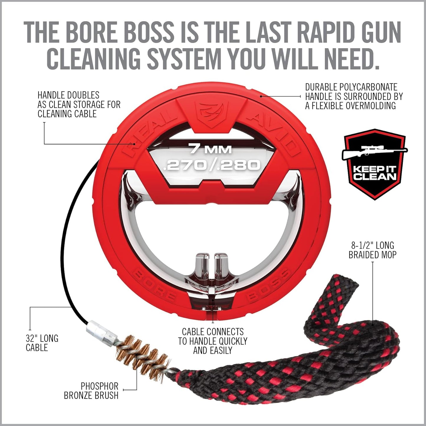 Real Avid Bore Boss Gun Cleaning System - Rapid Pull Through Barrel & Bore Cleaning Cable with Integrated Brush & Mop - Choose Style Below