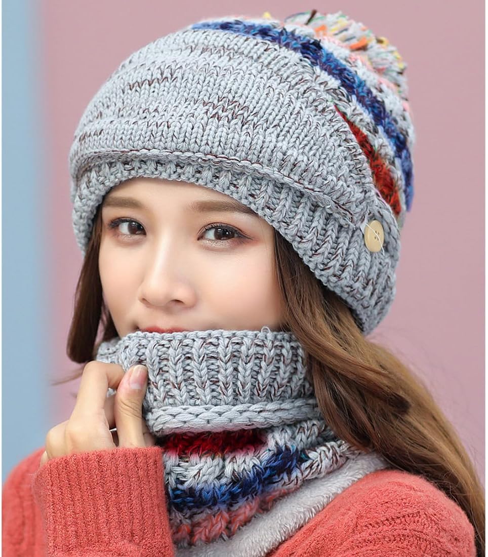 Ypser Women's Winter Warm Knitted Crochet Hat Fleece Lined Cable Faux Fur Pom Pom Beanie Hat Skull Cap