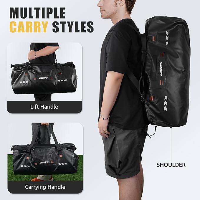 LIBZAKI Waterproof Rolltop Duffel Bag-Heavy Duty Dry Bag for Motorcycle Camping & Boating, Military-Grade Seams & Quick-Release Buckles 70L Black
