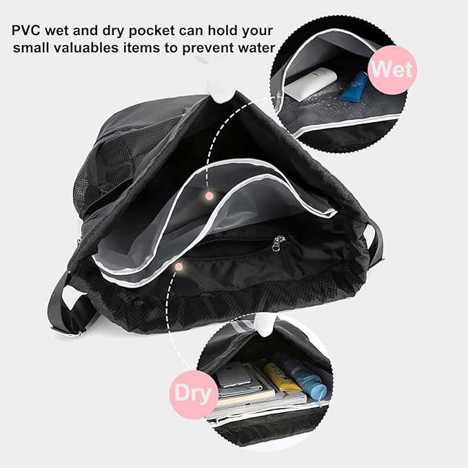 Swim Bag Drawstring Backpack with Wet Pocket Shoe Warehouse String Bag Sackpack for Beach Swimming Pool Gym Sports (Yellow)