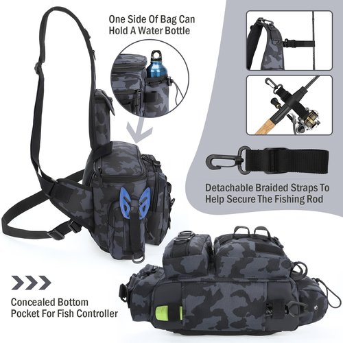 Fishing Bag, Fishing Tackle Storage Bag Chest Pack Rod Holder Shoulder Pack & Waist Bag Organizer with Belt & Shoulder Strap, Colorful Reflective Stripes for Hiking Fishing Camping (Black Camouflage)