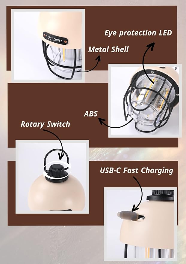 Crazy Power Camping Lantern Rechargeable LED Camping Light Premium Vintage Light 4500 mAh High Capacity Dimmable 3 Light Modes Waterproof for Camping Hiking Fishing Power Outages (CPB200 Red)