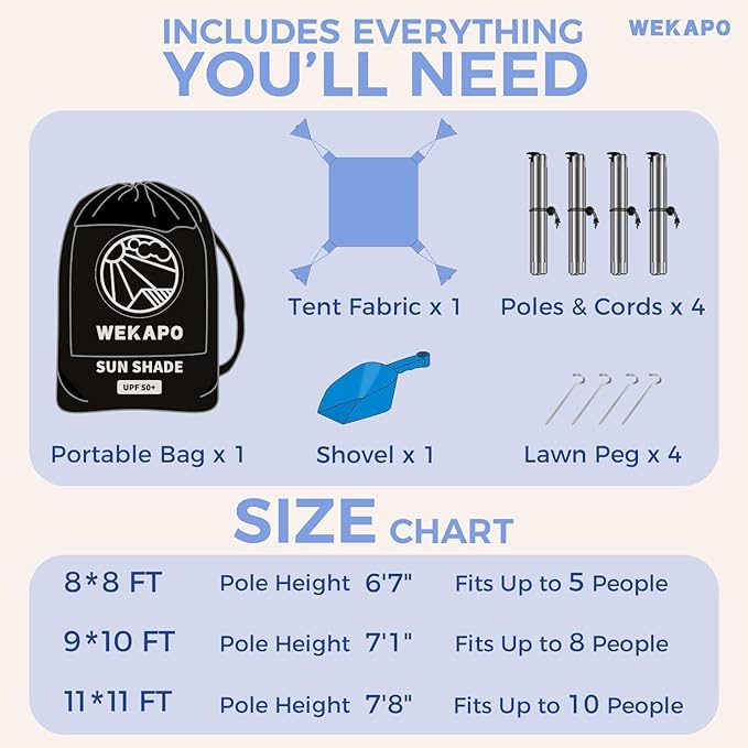 WEKAPO Beach Tent Sun Shelter - Easy Setup Beach Canopy with 4 Sturdy Poles, Extra Large Sandbags and Shovel, 7'8'' Tall, Windproof Sun Shade for Backyard and Camping, UPF 50+ Protection