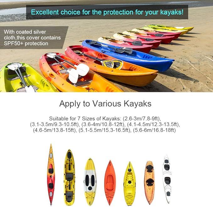 7.8-18ft Waterproof Kayak Canoe Cover-Storage Dust Cover UV Protection Sunblock Shield for Fishing Boat/Kayak/Canoe 7 Sizes [Choose Color] (Dark Blue(Upgraded), Suitable for 12.3-13.5ft Kayak)