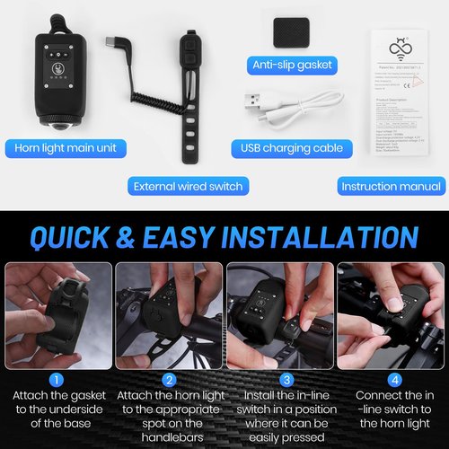 Bike Horn with Light, 110 dB Bicycle 2 in 1 Electric Horn Front Headlight, USB Rechargeable, 6 Sounds and 4 Light Modes Ipx5 Bikes Accessories for Road Mountain Cycling Night Riding. (Black)