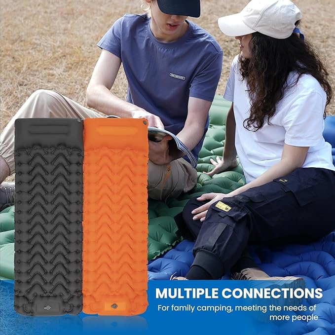 KingCamp Self Inflating Camping Mattress with Built-in Foot Pump, Connectable Durable Inflatable Sleeping Mat with Pillow, Compact Camping Air Mattress for Hiking