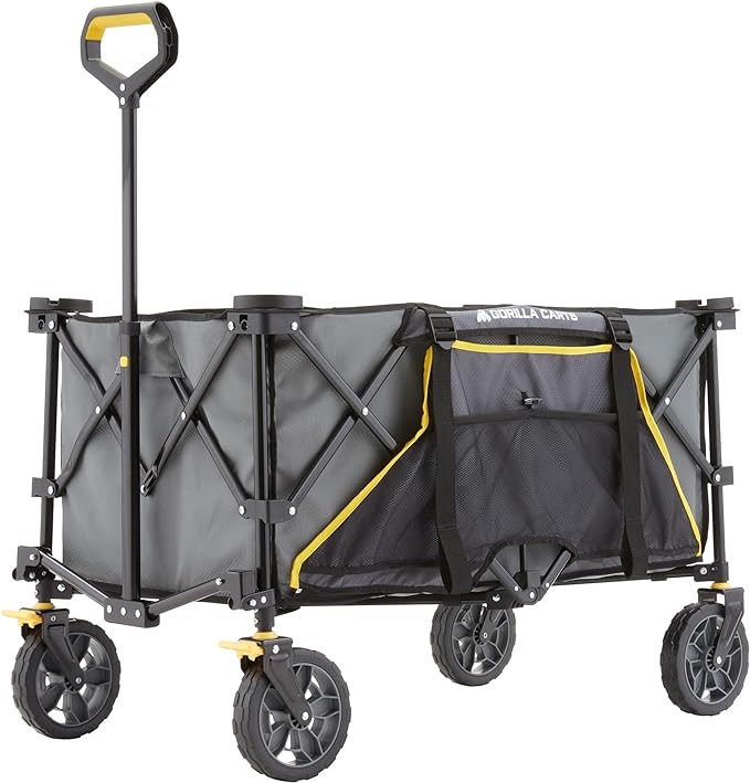 Gorilla Carts Collapsible Folding Utility Wagon Cart w/Oversized Bed, 7 Cu Ft, Gray - 150 lb Capacity Outdoor Wheelbarrow w/Zipper Pockets & Built-in Cup Holders for Beach, Camping & Picnic