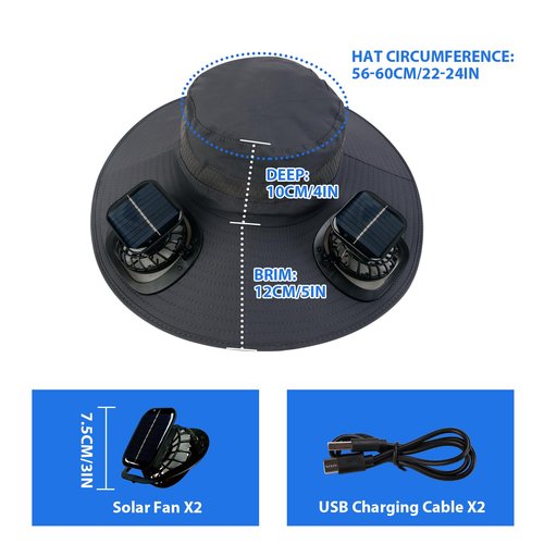 Men's Wide Brim Solar Fan Outdoor Fishing Hat in Grey - Includes 2 Solar Fans