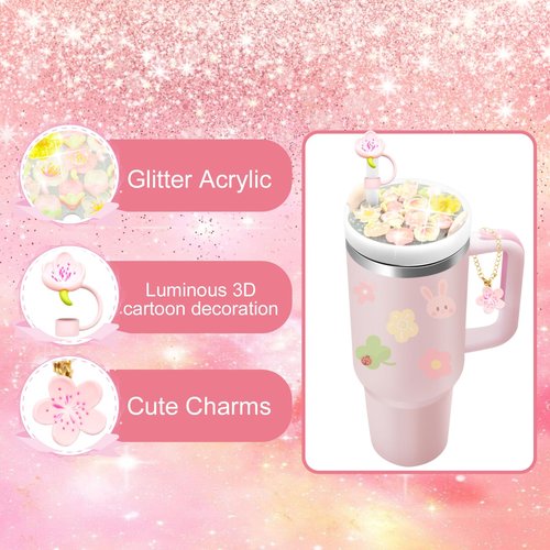 LBU Stanley Cup Lid Accessories for 40oz Tumbler with Handle, Including 1Pc Bling Stanley Lid Topper + 1Pcs Silicone Straw Cover Cap + 1Pcs Handle Charms for Stanley Cup Accessories (Flower)