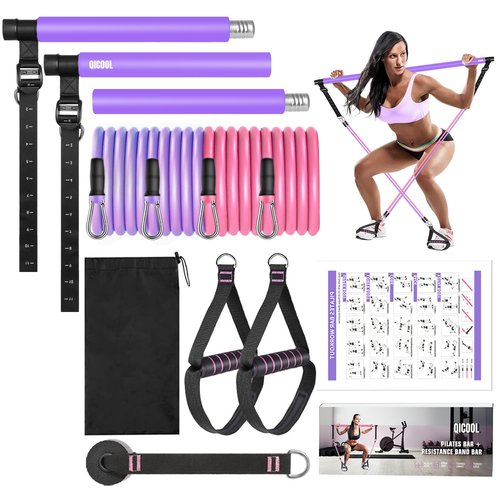 Pilates Bar Kit with Resistance Bands,Qicool Multifunctional Pilates Bar Exercise Equipment for Women, Home Gym Yoga,Resistance Bands Full Body Workout Equipment Purple (30lbs/40lbs)