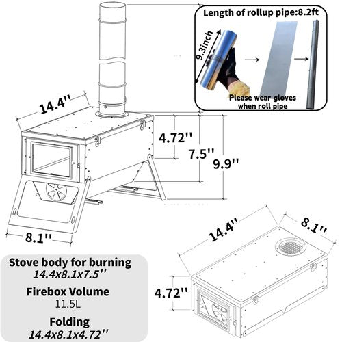 DANCHEL OUTDOOR S7C Wood Stove for Hot Tent, Portable Folding Camping Stove with Insulated Pad & Spark Arrestor, 304 Stainless Steel Collapsible Body for Winter Survival Cooking