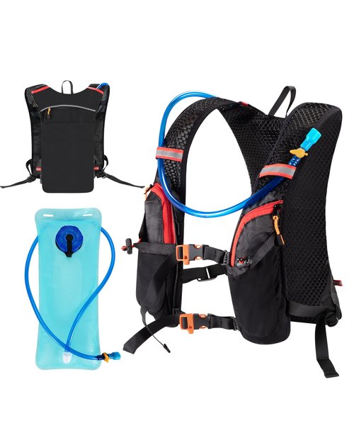 Running Vest Hydration Backpack with 2L Water Bladder, Ideal for Men and Women in Cycling, Hiking, and Outdoor Activities Lightweight Breathable Mesh, Adjustable Straps, Night Reflective Tech Black