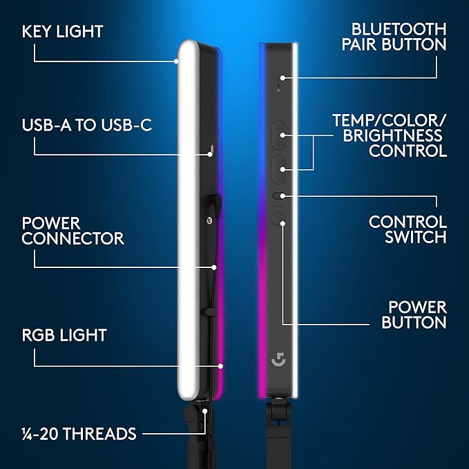 Logitech G Litra Beam LX Premium Dual-Sided RGB LED Streaming Key Light, TrueSoft, Studio Lights, Bluetooth, USB, PC/Mac - Graphite