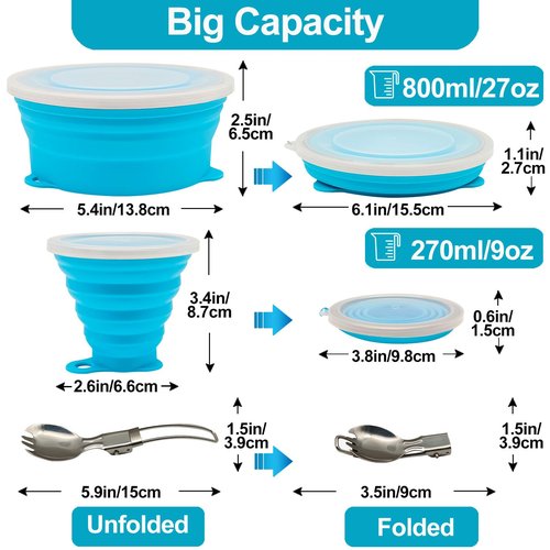 Cagelya Mess Kit for Camping Silicone Collapsible Bowl Collapsible Cup and Stainless Steel Spoon for Backpacking Outdoor Hiking Traveling and Picnic