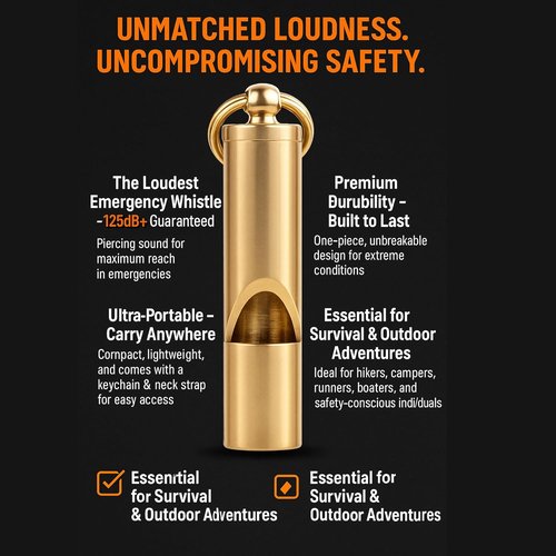 Loudest Brass Whistle Best Premium Emergency Whistle 125db+ One Piece Outdoor Survival Whistle On Key-Chain or Hang Around Your Neck and Carry it Anywhere!