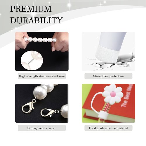 LUHOHI Stanley Cup Accessories Set - Including Water Bottle Carrying Pearl Strap, Handle Letter Charms Sticker, Silicone Cup Boot Straw Cover for 40oz & 30oz Tumbler Accessory Kit